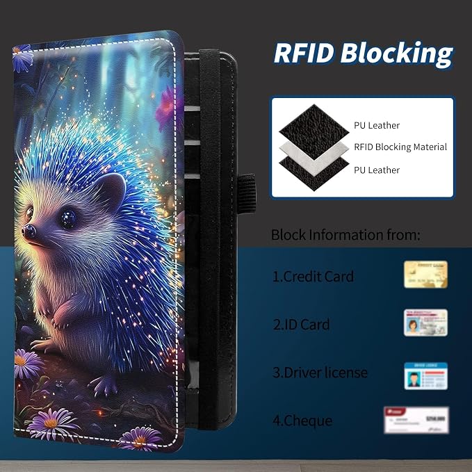 Check Book Cover for Personal Checkbook with Duplicate Checks for Women's & Men PU Leather Wallets Check Book Holder with Pen Card Slots Elastic Strap,Cute Hedgehog