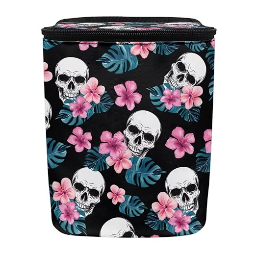 Biyejit Skull Hibiscus Leak Proof Car Trash Can with Lid - Waterproof Automotive Garbage Bin for SUVs, Collapsible and Portable Car Trash Bag