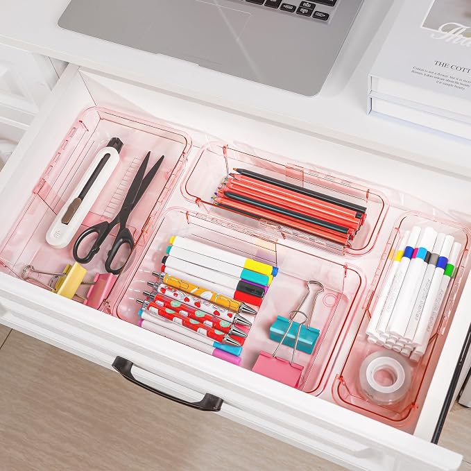 25 Pcs Clear Drawer Organizer, Adjustable Drawer Storage Box, 3-Size Desk Drawer Organizer, Acrylic Storage Bins for Makeup, Kitchen Utensils, Bedroom Dressers Tool Organizer for Gadgets, Pink