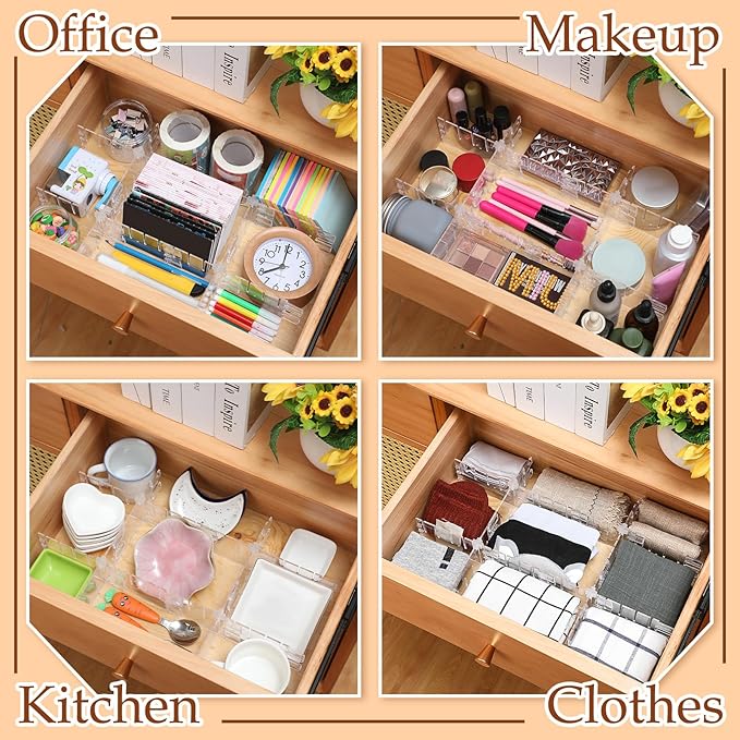 45 Pcs Adjustable Clear Drawer Dividers with Fixed Buckle DIY Plastic Drawer Organizer Box Dividers Back to School Gift for Sock Underwear Makeup Kitchen Bedroom Dresser Office Storage(Clear)