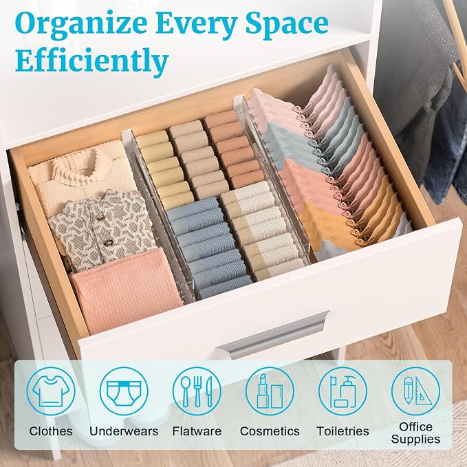 4 Pack 4" High Drawer Dividers for Clothes, 10.2"-16.5" Expandable Dresser Drawer Organizers, Adjustable Plastic Clear Drawer Separators for Kitchen, Baby Clothing, Socks, Underwear, Bedroom