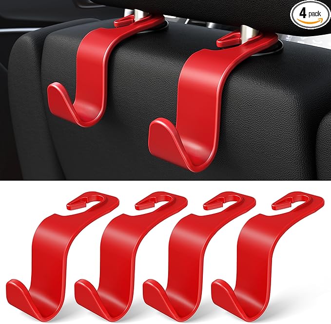 Amooca Car Seat Headrest Hook 4 Pack Hanger Storage Organizer Universal for Handbag Purse Coat Universal fit Vehicle Car Red with Clip