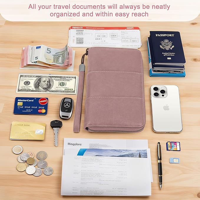 Family Passport Holder Wallet with Zipper, RFID Blocking Travel Document Organizer, PU Leather Passport Wallet for Women Men, Passport Cover Travel Wallet for Boarding Pass, ID, Money, Ticket