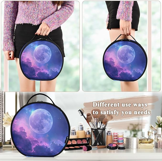 senya Round Cosmetic Pouch Travel Makeup Train Case Starry Sky Makeup Organizer Bag with Adjustable Dividers Portable for Cosmetics Makeup Brushes Toiletry Jewelry Accessories