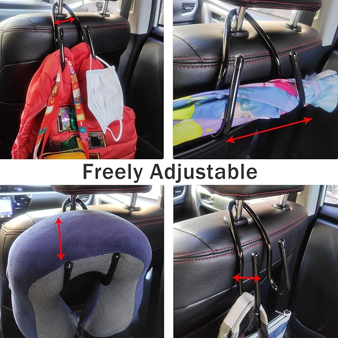 Adjustable Car Seat Headrest Hook 4 Pack Car Storage Organizer Headrest Hanger Holder Hooks for Bags Purses Jackets Sweaters Hats Umbrella, Seat Hooks for Vehicle