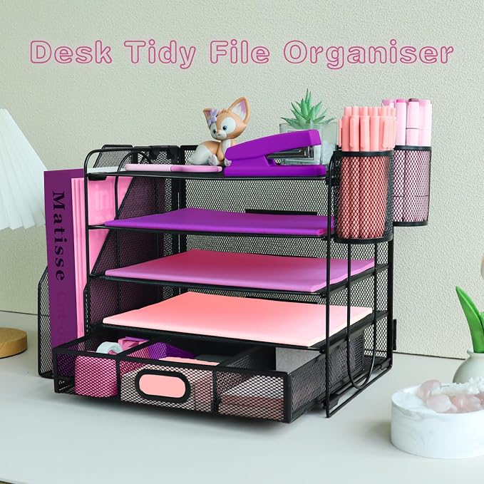Desk Organizers and Accessories with File Holder, 5-Tier Paper Letter Tray Organiser with Drawer and 2 Pen Holder, Mesh Desktop Document Organizer for Office Supplies, Workspace - Black