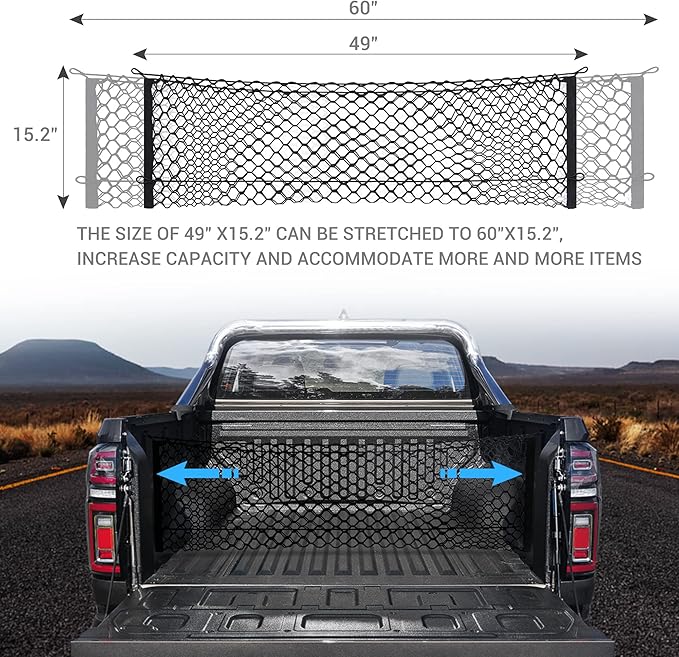Truck Bed Cargo Net, Elastic Mesh Net Organizer Truck Bed Storage Net Organizer Envelope for Chevy Silverado & Ford F150/F250 Luggage Back Cargo (47x15.2 Inch)