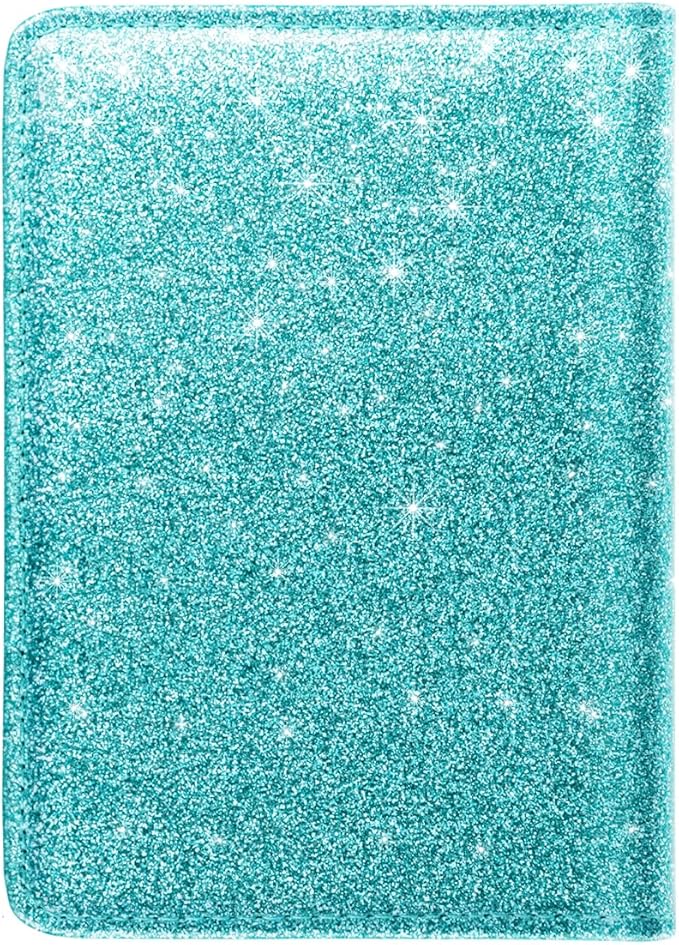 Passport Holder Cover, RFID Travel Wallet Credit Card Holder Blue Green Cute Sparkly Passport Book Holders for Women with Elastic Band and Golden Metal Decoration, Blue Green Glitter