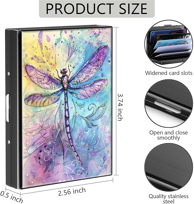 Credit Card Holder, Dragonfly Watercolour Design Mini RFID Blocking Aluminum Wallet Slim Metal Hard Case Shell Travel Wallet ID Case Small Credit Cards Case Business Cards for Women Men Girls