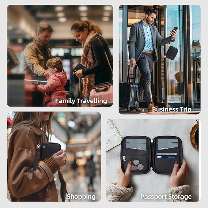 WALNEW Passport Holder Family for 4, RFID Blocking Travel Wallet Women Men, Lightweight Zipper Document Organizer Pouch Bag Credit Cards Case Cover for Travelling, Black | Family for 4, RFID Blocking, Lightweight, Zipper, Document Organizer, Pouch Bag