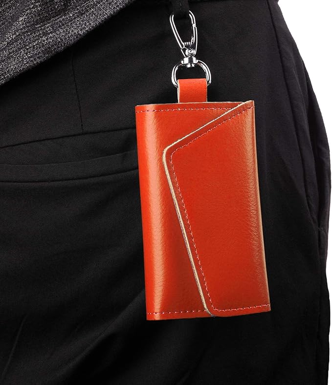 BAKUN Compact Leather Car Key Case, Key Holder Key Organizer Wallet, With 6 Hooks(Orange)