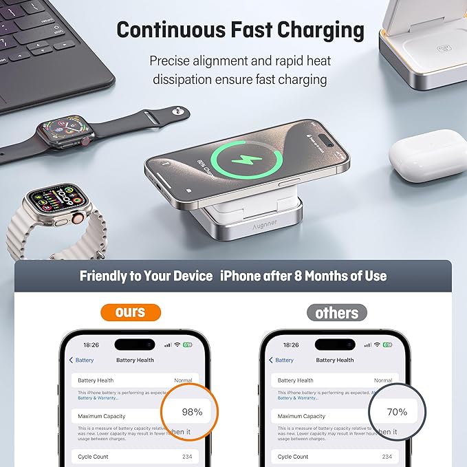 【2026 Upgraded】Wireless Charger 3 in 1, Foldable Wireless Charging Station with Light for Apple MagSafe Charger, Travel Magnetic Charger for iPhone 17/16/15/14/13/12 Apple Watch AirPods (20W Adapter)