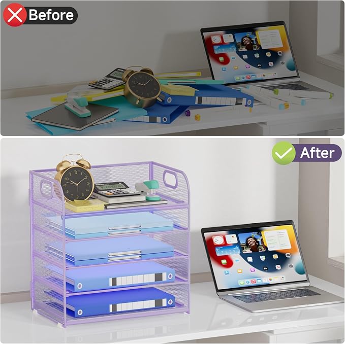 5-Tier Stackable Paper Organizer with Handle, Purple Metal Mesh Letter Tray | Elegant Desk File Sorter for Office, Home & Classroom Organization