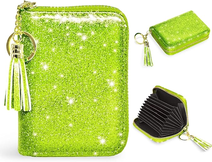 Coco Rossi Women's Small Credit Card Wallet RFID Cute Glitter Card Holder for Women, Chartreuse
