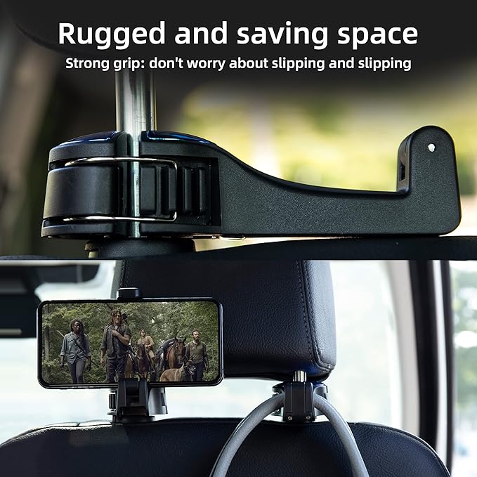 Amooca Car Seat Hooks for Purses and Bags with Phone Holder, Universal Car Headrest Storage Organizer Hanger Hook with Lock, 360° Rotation Headrest Hooks, 2 in 1 Car Headrest Hooks, 2 Pack, Blue