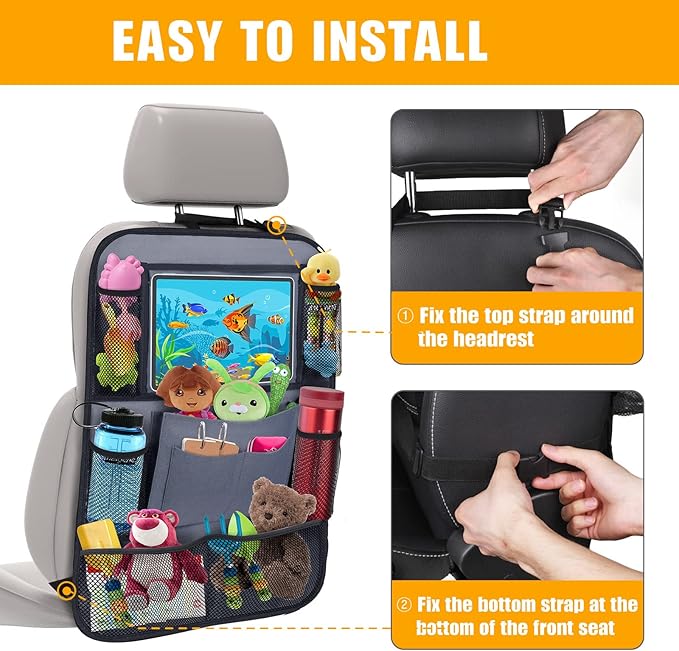 ULEEKA Car Backseat Organizer with 11" Table Holder, 10 Storage Pockets Seat Back Protectors Kick Mats for Kids Toddlers, Travel Accessories, 2 Pack, Gray