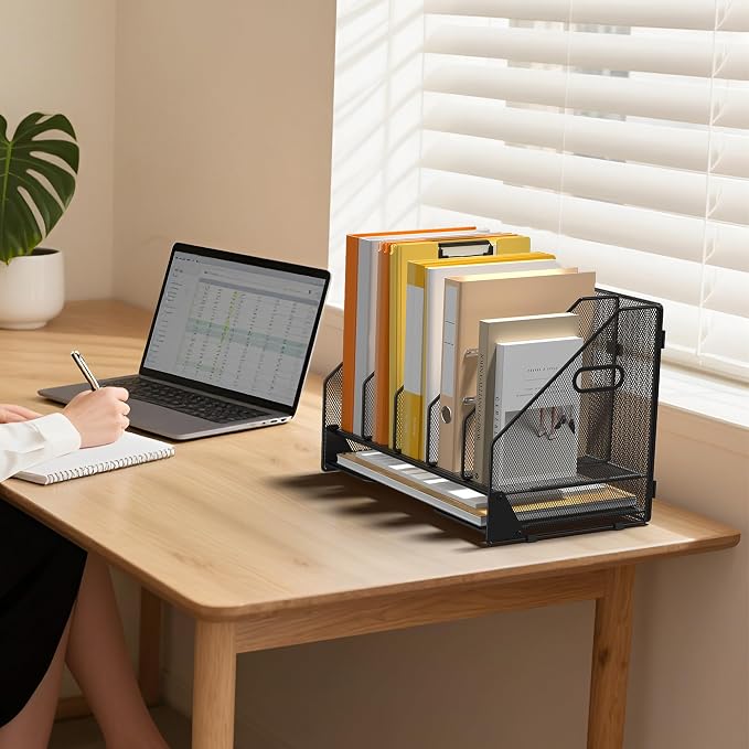 Desk File Folder Holder Organizer-5 Vertical Compartments Racks and Paper Letter Tray,Mesh Magazine File Holder Sorter,Desktop Accessories & Workspace Organizers for Home,Office,School-Black