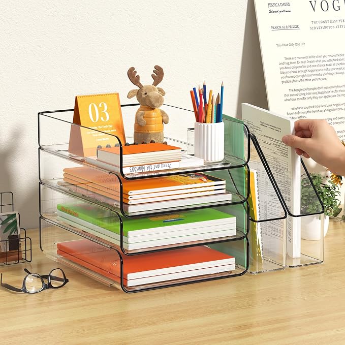 FANXIYQ 4-Tier Acrylic Paper Tray Organizer with Bookends, Clear Stackable Letter Tray Organizer for Desk, Acrylic File Organizer & Office Paper Organizer, Desk Accessories for Home Office