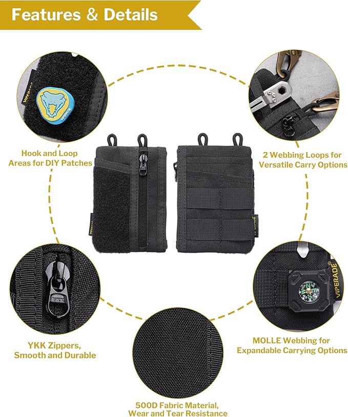 VIPERADE VE18-M EDC Pocket Pouch, Slim EDC Organizer with 3 EDC Slots+2 Zipper Pockets, 1 Large Pocket for Notebook or Cellphone, EDC Pouch for Men