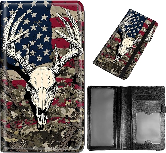 DEGDFSGR Checkbook Cover PU Leather Checkbook Covers for Women for Duplicate Checks, Check Book Covers with RFID Blocking Function for Personal Checkbook, Deer Skull American Flag