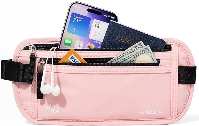 Money Belt - Slim Passport Holder RFID Blocking Travel Wallet Undercover Fanny Packs for Men Women - Pink