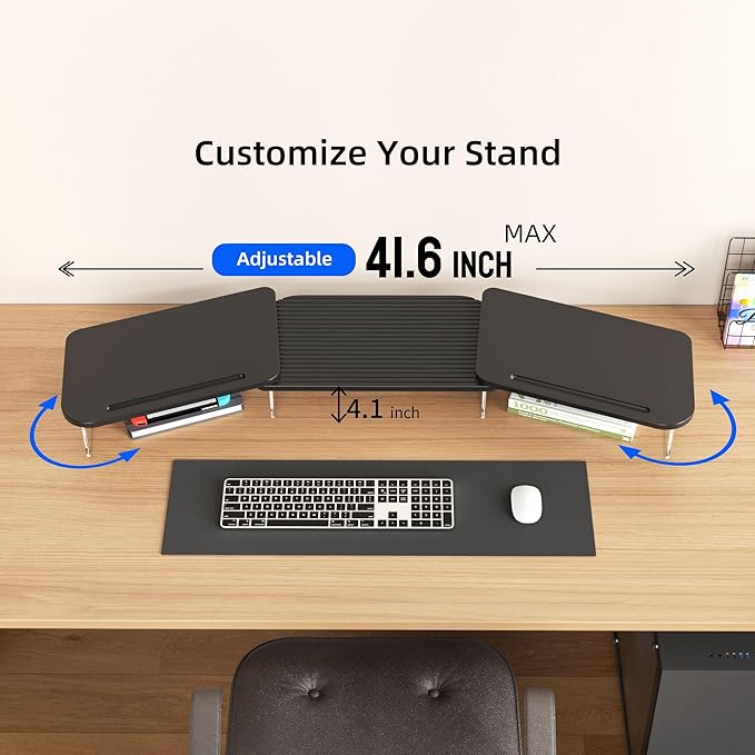 AFOOYO LED Dual Monitor Stand Riser for 2 Monitors,Office Desktop Wooden Stand Adjustable Length and Angle 3 Shelf,Extra Long Multifunctional Stand up to 39.3" for Computer,Laptop,TV,Black