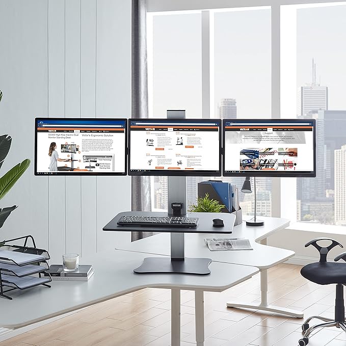 Victor DC475 High Rise Electric Triple Monitor Standing Desk Converter | Three Large Monitor Sit-Stand Desk | 28??Wide Work Surface | Compatible with Any Standard Desk | Adjustable Monitor Holder