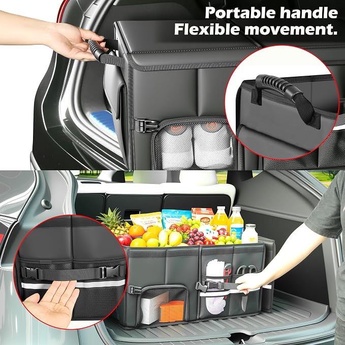 Trunk Organizer Car Organizer Leather Storage Box Foldable Trunk Organizer for SUVs & Sedans Sturdy Car Organization for Car Accessories, Tools, Sundries, Collapsible and Adjustable, 35.5 Inch
