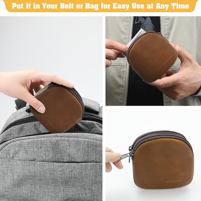 Jack&Chris Coin Purse for Men, Genuine Leather Mini Coin Wallet Zipper Pocket with Back Belt Loop, Coin Bag for Men and Women