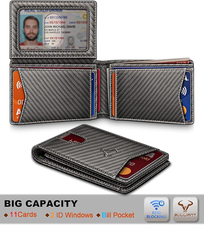 BULLIANT Men Wallet, Slim Leather Wallet Front Pocket Card Holder Gift For Men 11 Slots RFID Blocking