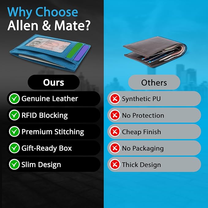 ALLEN & MATE 100% Genuine Leather Slim Minimalist wallet RFID Blocking Card Holder Wallets for Men & Women - Holds 7 Cards, ID & Cash with Gift Box (Blue)