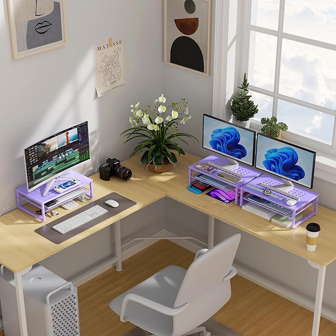 gianotter 2-Tier Metal Monitor Stand Riser, Office Desk Storage Organizer for Computer Monitor, Laptop, Printer, Office Supplies (Purple)