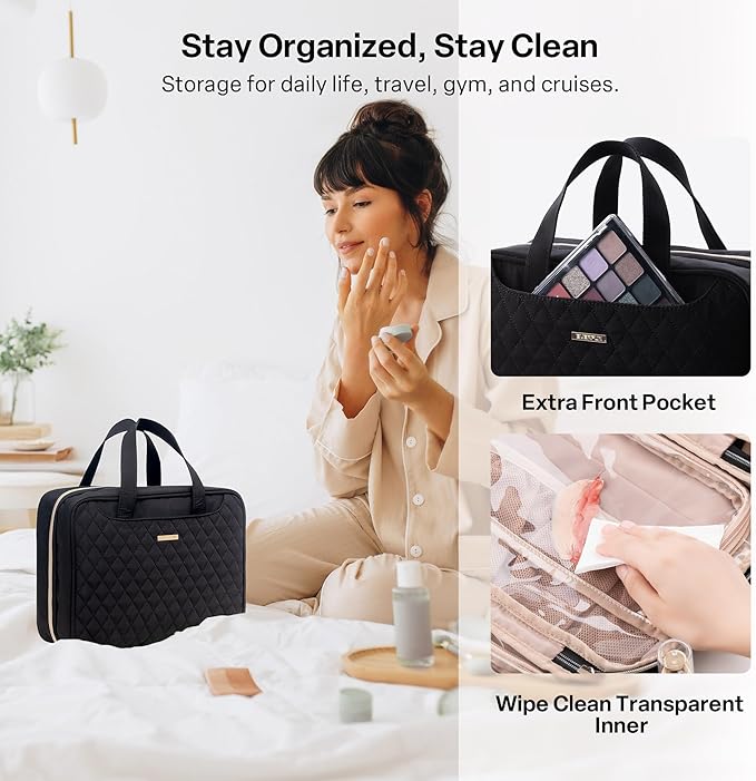 Everfun Hanging Toiletry Bag for Travel, Mothers Day Gift for Mom, 12x9x4.5 inch Large Capacity Cosmetic Organizer with Leakproof Wet/Dry Compartment, Waterproof Dopp Kit for Women Black