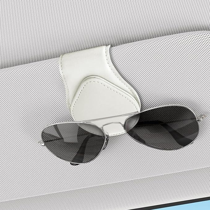 Magnetic Sunglass Holder for Car Visor, Sunglasses Visor Clip, Magnetic Leather Vehicle Glasses Ticket Card Clip, Automotive Eyeglass Hanger Organizer Accessories for Most Vehicles (White)