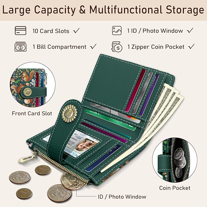Kelvoris Cute Squirrels Small Rfid Women Wallet Bifold Zipper Coin Pocket PU Leather Compact Cash Credit Card Holder Travel Wallet for Female Ladies Teen Girls 1 ID Window 10 Card Slots