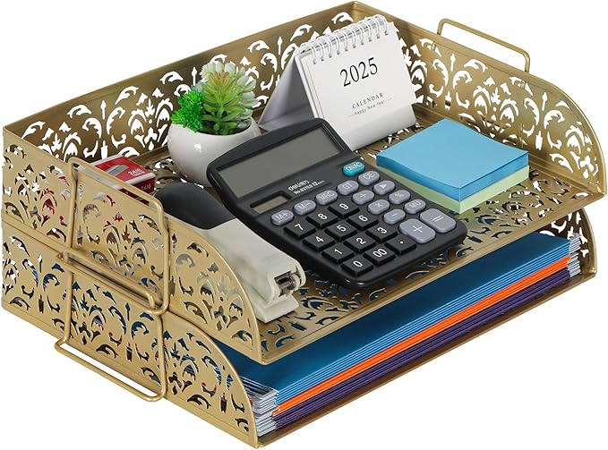 EasyPAG Paper Organizer for Desk 2 Tier Stackable Paper Tray for A4 Legal Size Folders Metal File Storage Desktop Organizer for Home Office School Teacher, Gold