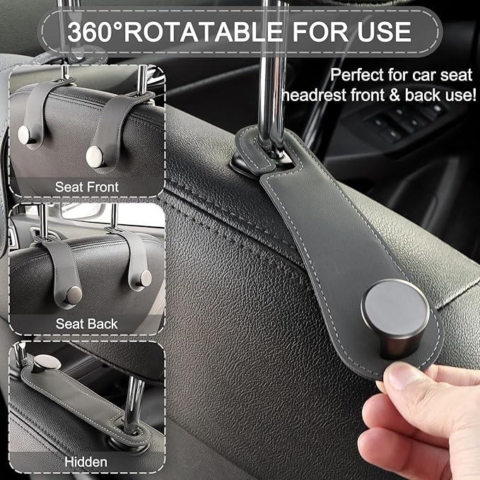 JESTOP Car Headrest Hooks, 2 Pack Leather Car Seat Storage Hanger for Purses Bags, Stylish Car Seat Organizer Hooks for Handbag Coat Umbrellas, Car Inside Accessories, Gray