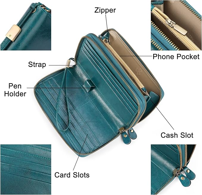 SENDEFN Leather Women Wallet RFID Blocking Zipper Around Phone Holder Clutch Wristlet Large Capacity