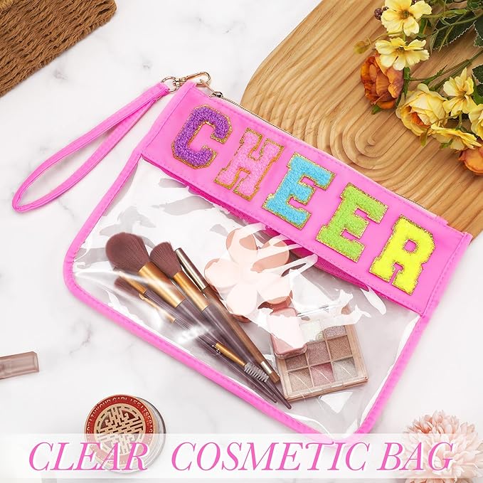 Abbylike 1 Pcs Cheer Bags Chenille Letter Zipper Pouch Waterproof PVC Large Bag for Travel Makeup Cosmetic Storage Organizer for Mom Team Cheerleaders Teacher(Pink)