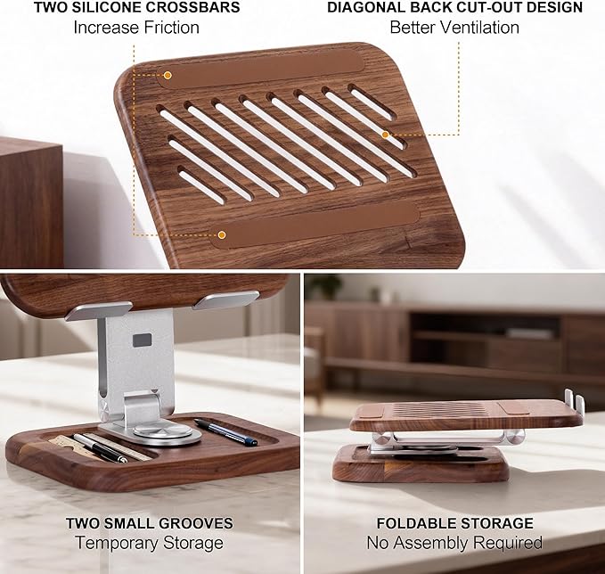 Walnut-Wooden Laptop Stand for Desk, Adjustable Height & Angle with 360° Aluminum Alloy Swivel Base, Wood Laptop Stand Compatible with MacBook Pro, All Laptops 10-17", Brown
