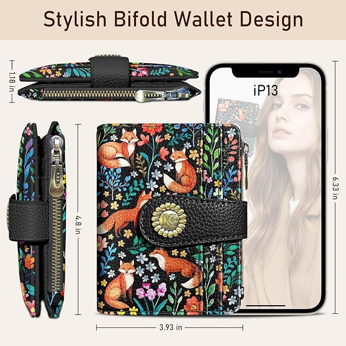 Kelvoris Cute Floral Fox Flowers Boho Small Rfid Women Wallet Bifold Zipper Coin Pocket PU Leather Compact Cash Credit Card Holder Travel Wallet for Female Ladies Teen Girls 1 ID Window 10 Card Slots