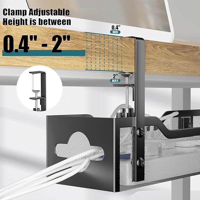 Under Desk Cable Management Tray 32'', Cable Management Under Desk No Drill, Cable Organizer with Clamp for Wire Management, Cord Organizer for Office, Home - No Damage to Table (Black)