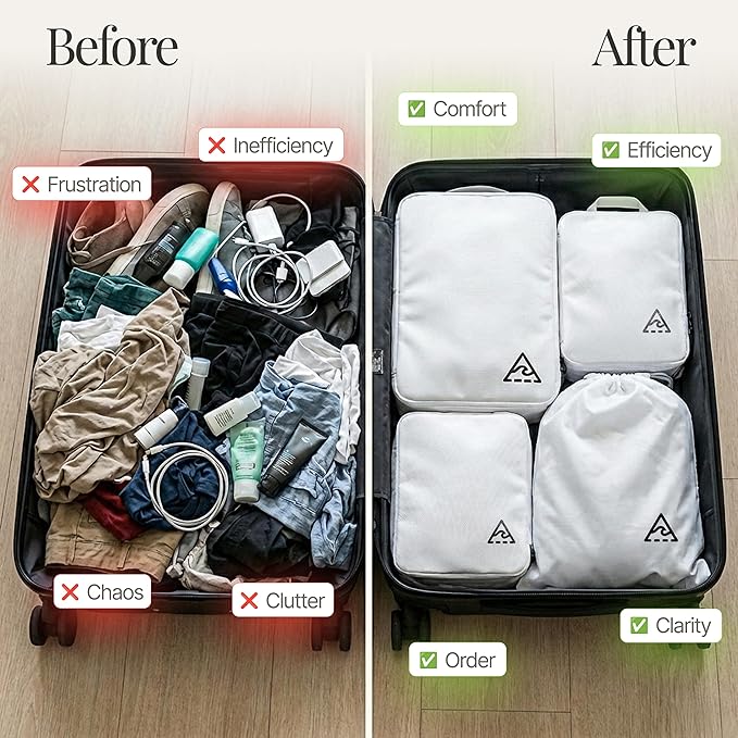 Well Traveled 4 pcs Compression Packing Bags Cubes Set with HybridMax Double-Capacity Design - Packing Cubes for Travel Compression to Maximize Limited Luggage Space, White