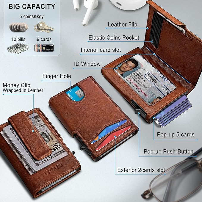 miyozi Men Wallet,with Money Clip Coins Pocket ID Window,Slim Front Pocket RFID Blocking Pop-up Card Holder 3.9"x 2.7", Gift Boxed