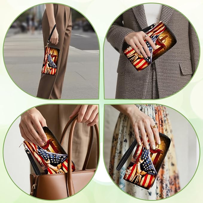 Christian Gifts Womens Wallet - Small Slim PU Leather Wallet for Women with Zipper Coin Purse, Credit Card Holder Wallets, Wristlet Wallets for Female Ladies Teen Boys Girls (Cross & Flag)