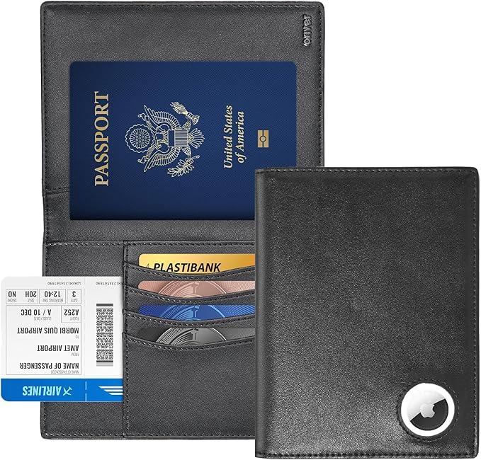 oriver Airtag Passport Holder with RFID Blocking, Slim Leather Passport Cover with AirTag Slot, Bifold Travel Wallet with 4 Cards Slots & Tickets & Cash, Black