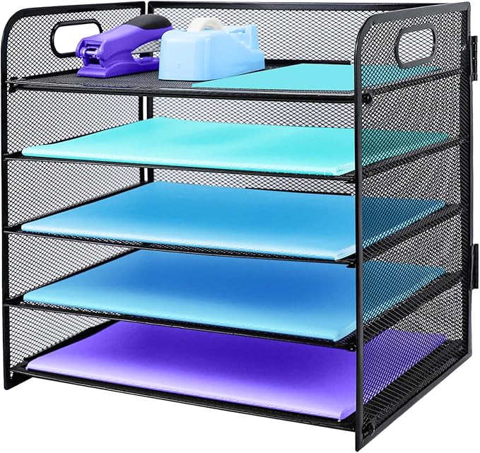 5 Tier Desk Organiser with Handle, Pull-Out Mesh File Organizer for Letter Tray Organizer Mesh Desk Organiser Tray Paper Storage Rack for A4 File Office Supplie, Black