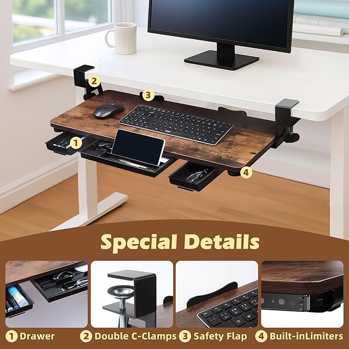 Large 26.77" Keyboard Tray Under Desk with Storage Drawer - Heavy Duty C-Clamp Mount, Ergonomic Computer Keyboard Stand for Home Office, Easy Install (Mahogany)