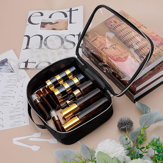 26 Pack TSA Approved Glass Travel Skincare Containers, 2/1.7/1.35/0.7/0.5/0.3oz Refillable Traveling Size Containers with Pump, Jars & Essential Oil Bottle, Leak-Proof for Creams & Liquids