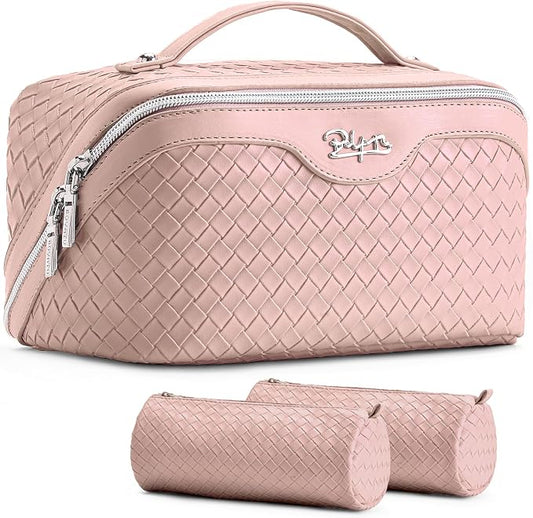 BOYATU Travel Makeup Bag Cosmetic Bags for Women: Large Capacity 3 Pcs Set Make up Bag with Compartments - Waterproof Vegan Leather Toiletry Organizer Bags with Handle (L04 Light Pink)